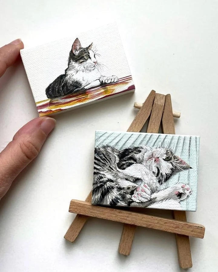 Ritratti di gatti, acrilico su tele 5×7 cm cad.