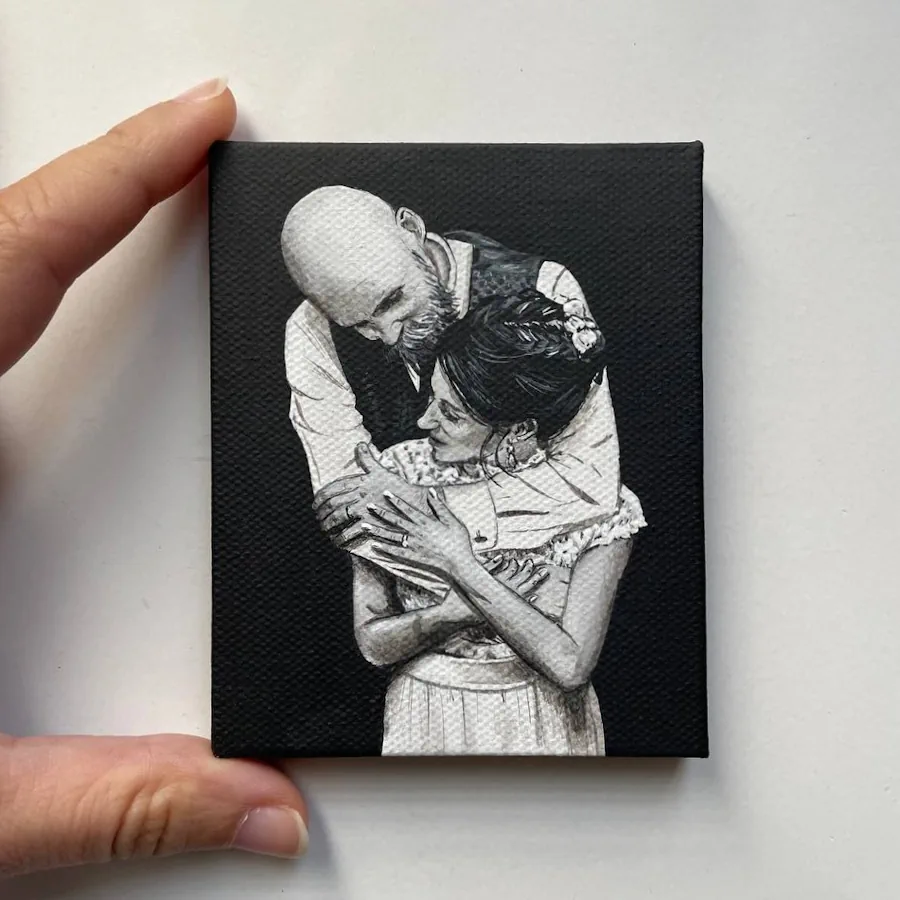 Ritratto realistico di coppia di sposi, acrilico su tela 10×7 cm