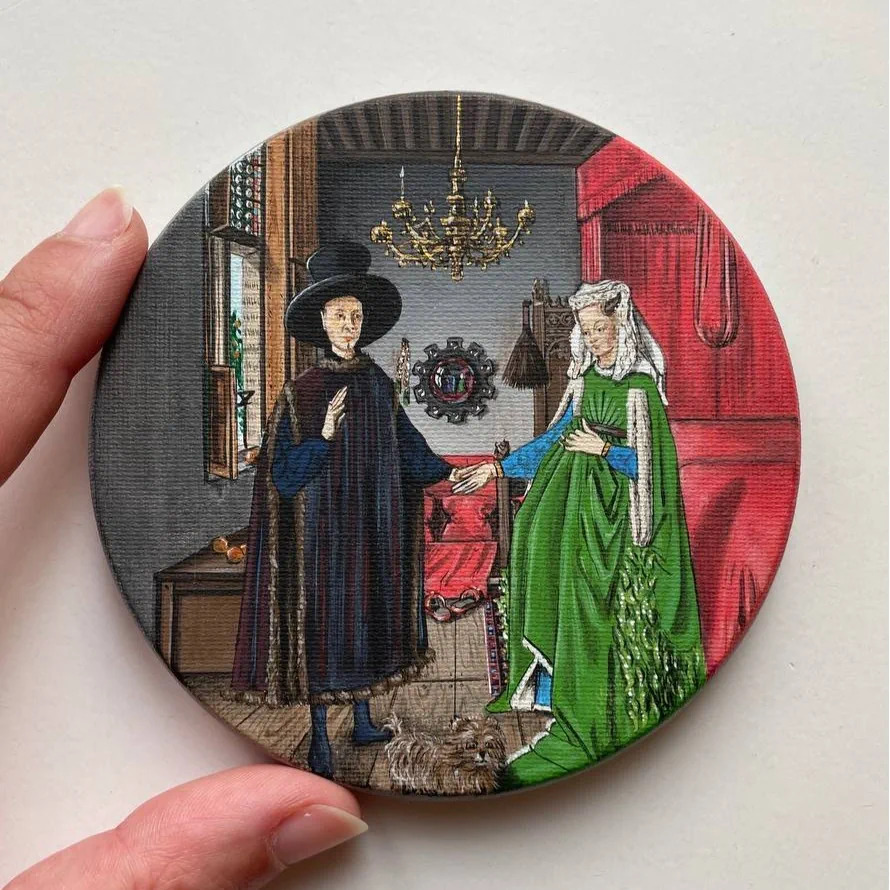 Copia ispirata a “Ritratto dei coniugi Arnolfini”, acrilico su tela tonda 10 cm