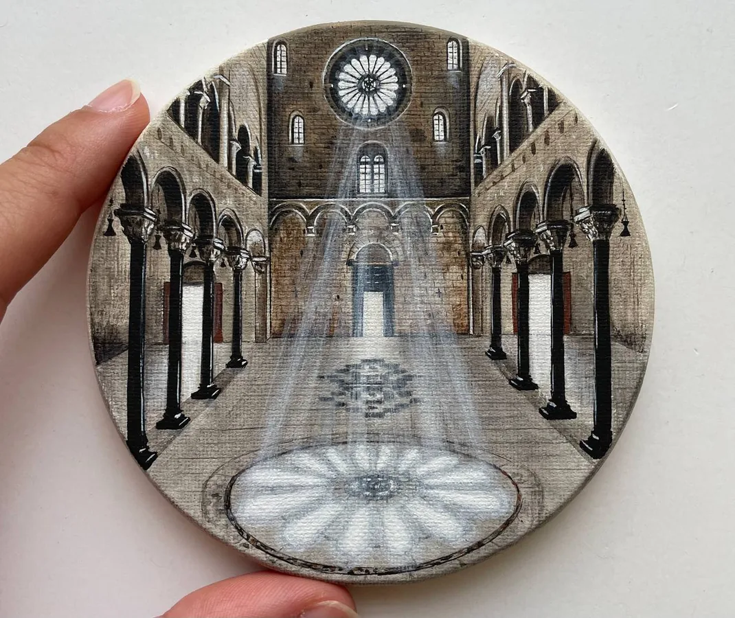 Interni della Cattedrale di San Sabino, Bari, acrilico su tela tonda 10 cm